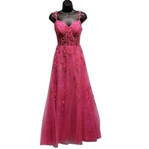 NWT Vine Dress with Semi-Sheer Bodice Corset Back Tulle Skirt Hot Pink
